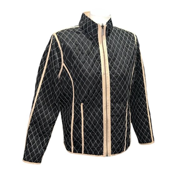 Reversible Quilted Jacket Womens M Lightweight Beige & Black Diamond Pattern Ful - Picture 1 of 14